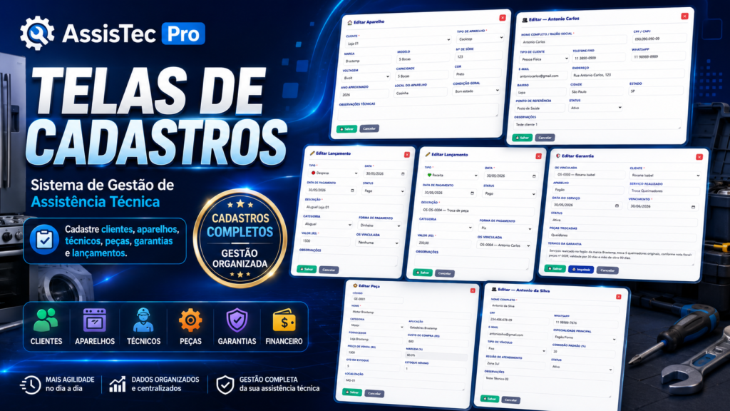 Sistema de Gestão para Assistência Técnica Eletrodomésticos 5 capa telas de cadastros
