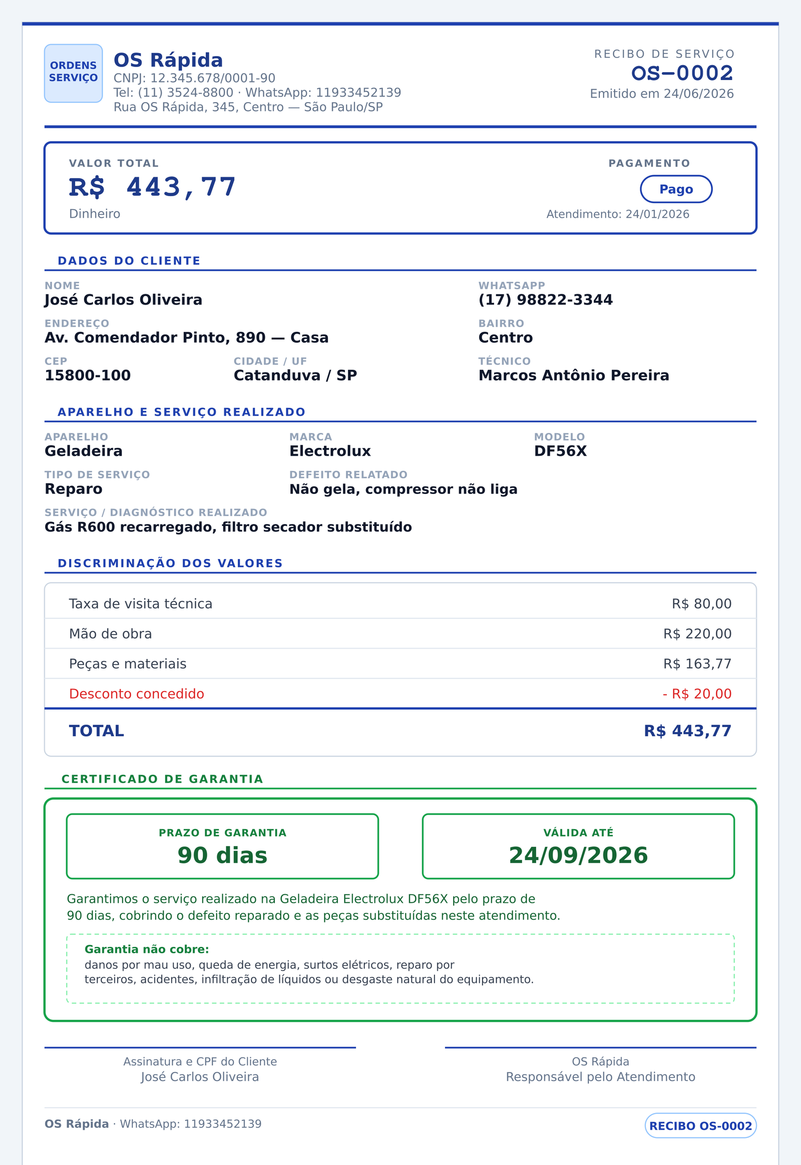 Recibo com certificado de garantia