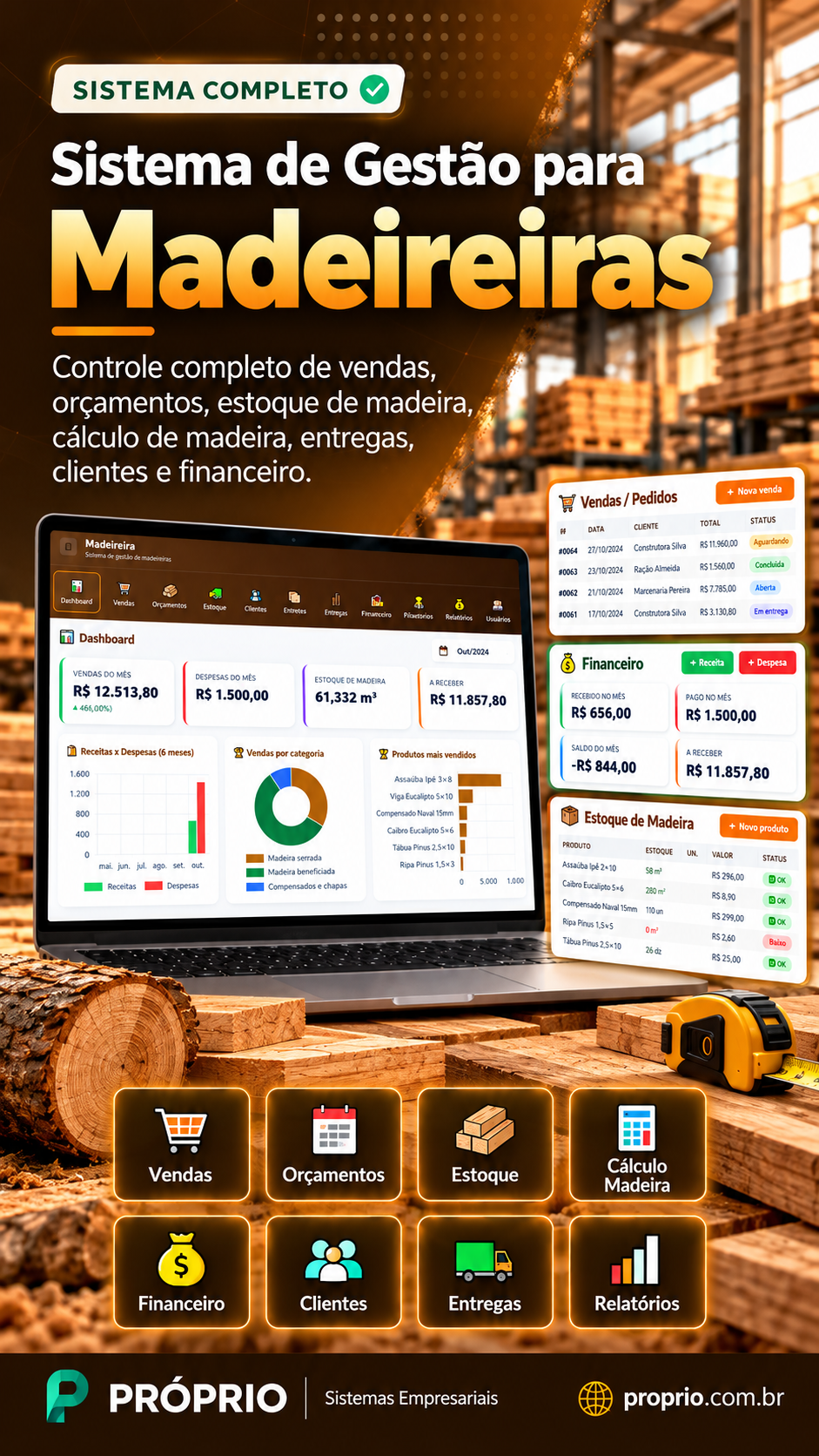 Sistema de Gestão para Madeireiras: dashboard, vendas, estoque, cálculo de madeira e financeiro