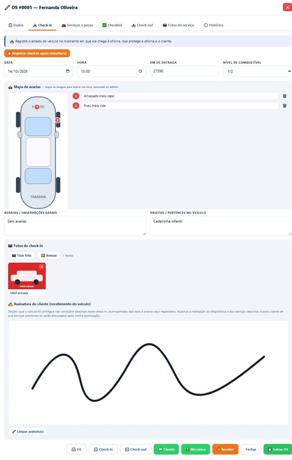 Check-in com mapa de avarias, fotos e assinatura — Sistema de Gestão para Oficinas Mecânicas